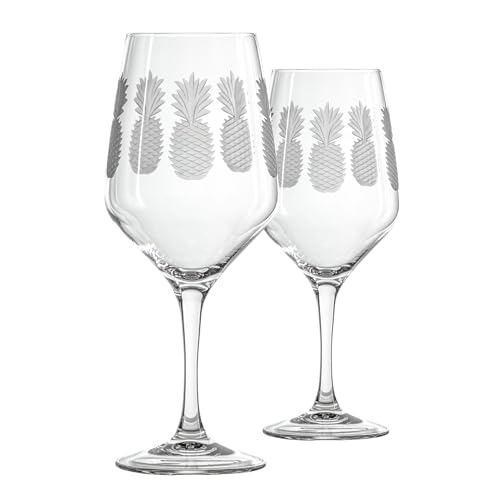 Rolf Glass Fresh Pineapple All Purpose Wine Glass | 19.5oz Stemmed Glass | Lead-Free and Diamond-Wheel Engraved | Tropical Etched Pineapple Design | Coastal Glassware | Set of 2 - color: All Purpose, size: Set of 2