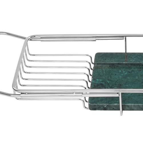 Expandable Stainless Steel Bathtub Caddy Tray, Adjustable Over Tub Rack Marble Board Anti-Slip Groove Raised Guardrail Modern Bath Organizer for Home Hotel Bathroom Use (Silver + Green) - color: Silver + Green