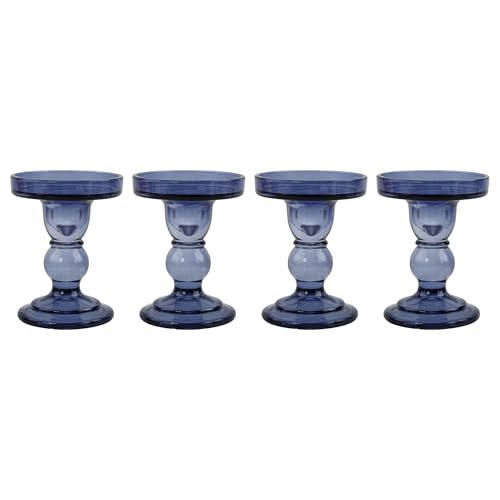 Glass Candle Holder Set of 4, Blue Candlestick Holders for Pillar Candles, 4.5" H, Candle Stand Decorations for Living Room - color: Blue