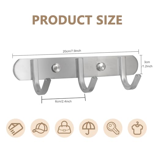 Coat Hook Rack Brushed Nickel - Sagmoc 8-Inch Coat&Towel Hook Rail Wall Mounted with 3 Hooks, Durable Wall Hangers for Bedroom, Bathroom, Foyer, Hallway (SUS304 Stainless Steel) - size: 3 Hooks