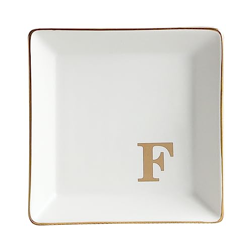 COLLECTIVE HOME - Ceramic Jewelry Tray, Monogram Decorative Trinket Dish for Rings Earrings Necklaces Bracelet Watch Keys, Birthday Mother's Day Christmas Gift for Women, 4" x 4" (F) - color: F