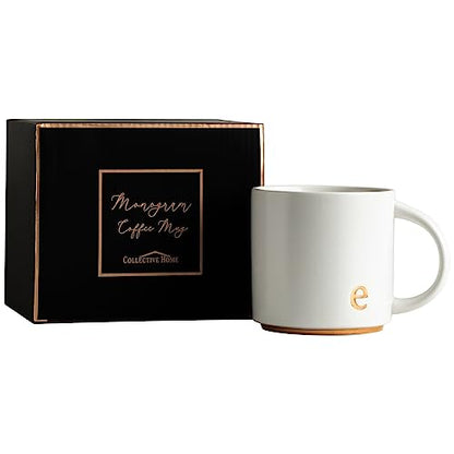 COLLECTIVE HOME Ceramic Coffee Mug, 15 oz Monogram Cup with Gift Box(e) | Dishwasher Safe, Engraved Gold Letter , Personalized Housewarming Birthday Present, Christmas Thanksgiving Mothers Day Gifts - color: gold-e