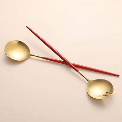 Salad Servers,Spoon and Fork Set 11.41 inch,18/10 Stainless Steel Salad Serving Titanium Plating (Red gold) - color: Red/Gold