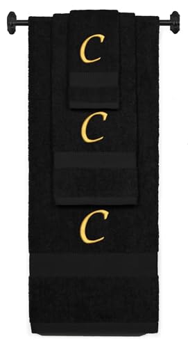 Monogrammed Bath, Hand, Washcloth Cotton Towel Set, Personalized Gift 3Pc-C - color: Black & Gold, size: Initial C