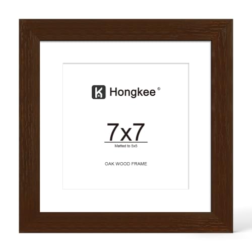 Hongkee 7x7 Oak Wood Picture Frame 1 Pack(Matted 5x5) with Real Glass Cover | Walnut, 7 x 7 Solid Wood Frame for Wall or Tabletop Display - Includes Easel Back, Vertical Hang - Ideal for Home, Office - color: Walnut, size: 7X7 in
