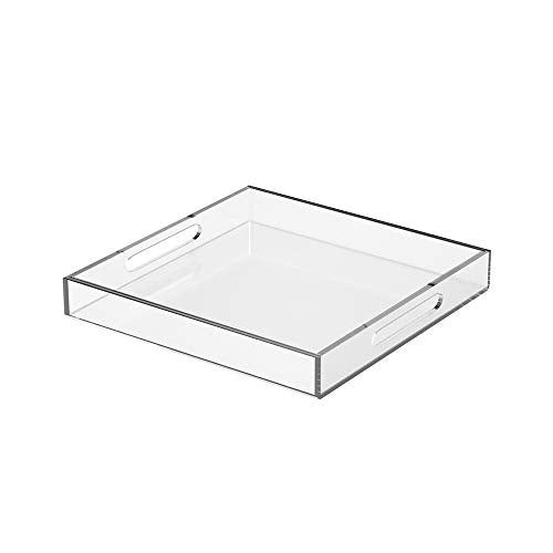 NIUBEE Acrylic Serving Tray 10x10 Inches -Spill Proof- Clear Decorative Tray Organiser for Ottoman Coffee Table Countertop with Handles | Spill-Proof tray for Coffee Table, Ottoman | Decorative Tray for Breakfast in Bed, Drink Serving & Home Organization