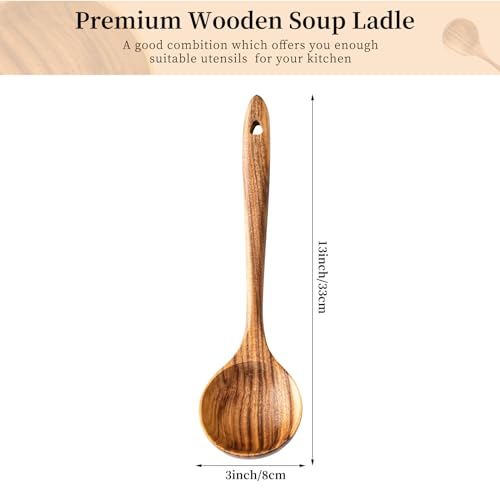 Gudamaye Wooden Soup Ladles, Natural Teak Wooden Spoons, 13 inch Big Deep Ladle for Cooking, Wood Kitchen Utensils Set - style: 1 PC Teak Ladle