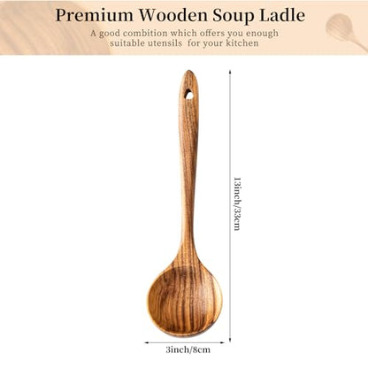 Gudamaye Wooden Soup Ladles, Natural Teak Wooden Spoons, 13 inch Big Deep Ladle for Cooking, Wood Kitchen Utensils Set - style: 1 PC Teak Ladle