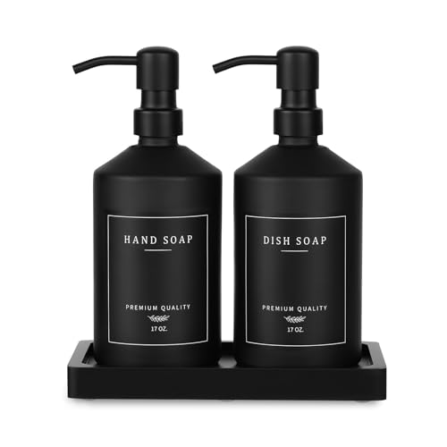 Matte Black Soap Dispenser Set, 17 OZ Hand and Dish Soap Dispenser Set, Bathroom Refillable Soap and Lotion Dispenser Set with Stainless Pump, Modern Liquid Soap Bottle Set(Black Bottle/Black Pump) - color: Black Bottle + Black Pump
