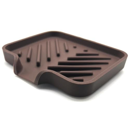 Silicone Soap Dish Tray and Sponge Holder with Drain Chute and Feet | 3-Way Sloped Design | Bathroom and Kitchen Sink Organizer Caddy (Dark Chocolate, 5"x4", 3.5 Ounces) - color: Dark Chocolate, size: 5"x4"