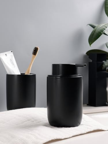 Bosilunlife Soap Dispenser and Toothbrush Holder Set - 11Oz Foam Soap Dispenser Pump Ceramic Bathroom Counter Soap Toothbrush Holder Set Black Bathroom Accessories Set - color: Black-cylinder Foam
