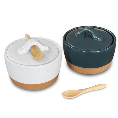 Mora Ceramic Salt and Pepper Cellar Set with Lid - 10 oz Modern Canister/Container/Bowl for Storage, Sea Salt, Spice, Sugar, Countertop - Small Dish/Jar with Wood Spoon, Black & White Crock - color: Charcoal & White