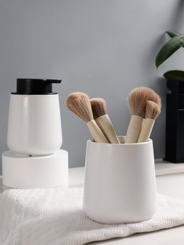 Bosilunlife Soap and Toothbrush Holder Set - Ceramic Bathroom Accessories Set White Foaming Hand Soap Dispenser Set Bathroom Counter Toothbrush Holder and Soap Dispenser Set - color: White-rounded Base Foam