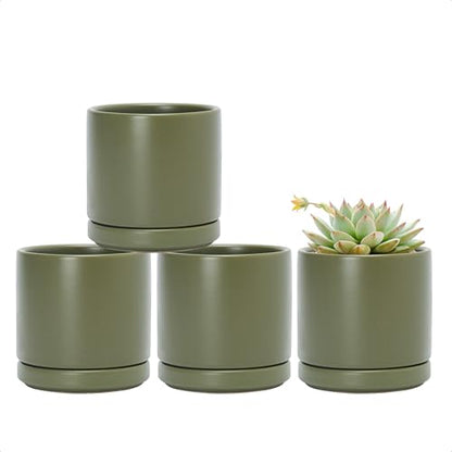 D'vine Dev 4-Pack Ceramic Pots with Saucers, Olive, 3.5 in, 94-X-A-0 | Glazed Ceramic, Drainage Hole and Saucer, Sleek Cylinder Shape, High Temperature Fired, Ideal for Small Houseplants - color: Olive, size: 3.5 Inch