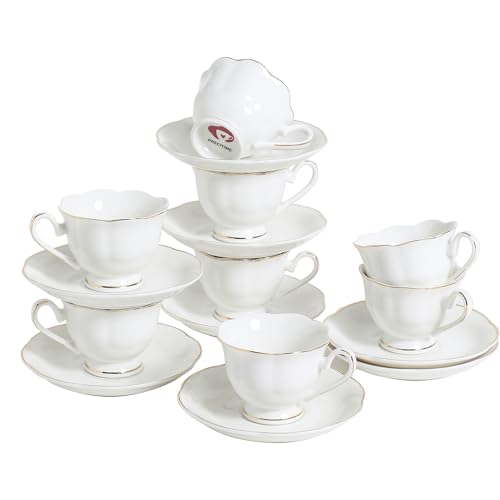 White Porcelain 75ml Demitasse Set of 8 (16-Piece) - 2.5oz Espresso Cups & Saucers, Elegant White & Gold Trim Coffee Set for Turkish Coffee, After Dinner, Gift Giving - size: 2.5oz