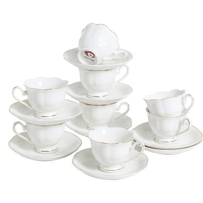 White Porcelain 75ml Demitasse Set of 8 (16-Piece) - 2.5oz Espresso Cups & Saucers, Elegant White & Gold Trim Coffee Set for Turkish Coffee, After Dinner, Gift Giving - size: 2.5oz