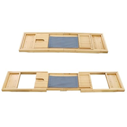 Elama Expandable Bamboo Bath Tray, Adjustable Bathtub Caddy with Book & Tablet Holder, Wine Glass Slot, and Spa Accessory Compartments