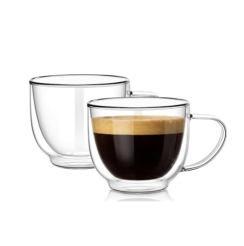 Double Wall Glass Coffee Mugs with Handle, 7.4 oz (220ml) Clear Insulated Espresso Cups for Cappuccino, Latte, Hot Tea & Cold Drinks, Microwave Safe Borosilicate Glassware, Set of 2 (6oz(2-pack))