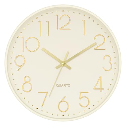 Foxtop Modern Wall Clock Silent Non Ticking Battery Operated Quartz Round Wall Clock Decor for Bedroom Kitchen Home Office School (12 Inch, Cream) - color: Cream, size: 12 Inch