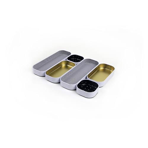 Three by Three Seattle Metal Drawer Organizer Tray Set, 6-Pc, 1" (Gold) | Colorful food-safe metal bins; soft non-scratch base; kitchen, bathroom, vanity, desk, makeup & office drawers - color: Gold, Stripes, Dots, size: 6 Pack