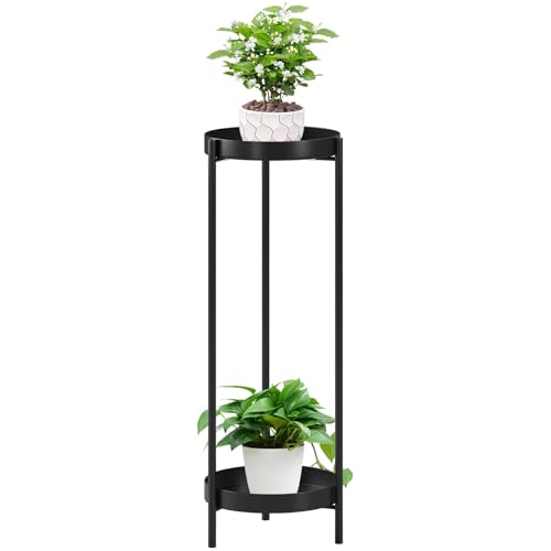 Metal Black Tall Plant Stand Indoor or Outdoor - 30 inch 2 Tier Modern Corner Planter Shelf Rack with 2 Removable Display Shelves(10 inch) for Bedroom Living Room Balcony - color: Black