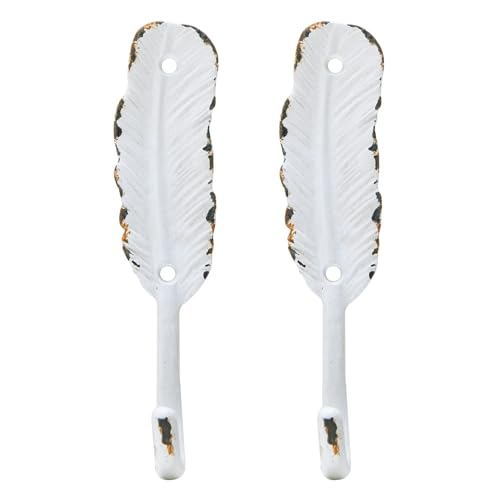 SOFFEE DESIGN Set of 2 Vintage Feather Wall Metal Coat Hooks, Heavy Duty White Hangger Hooks, Decorative Rack Hooks for Hanging Scarf, Bag, Towel, Key, Cap - color: White