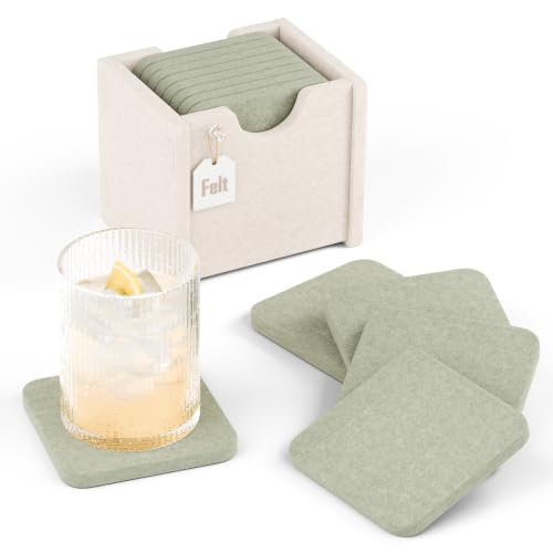 Fluxynara Felt Coasters with Holder, Set of 8 for Drinks, Sage | Square Felt Coasters, Absorbent, Heat-Resistant & Reusable for Drinks, Ideal for Coffee Tables and Living Rooms, 3.94 Inch - color: Sage, size: Square - 8 Count