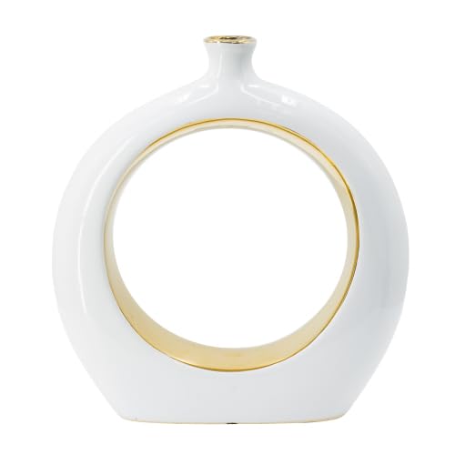 White and Gold Donut Vase Ceramic Hollow Round Flower Vase Minimalist Boho Home Decor for Wedding Party Dinner Table Living Room Office Bedroom