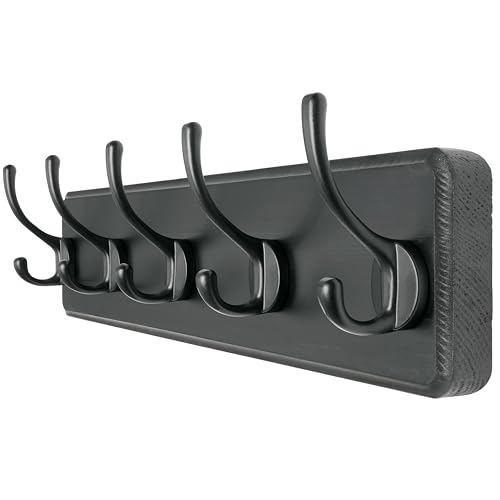 Coat Rack Wall Mount: Modern, Patented, Heavy-Duty, 17.4" Long 5-Double-Hooks Wooden Hanger Hook Rail for Winter Coats Hat Jacket Clothing, Black - color: Black, size: L=17.4" (1pcs)