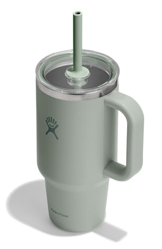 Hydro Flask Travel Tumbler with Handle, Clear Lid and Straw - Insulated Stainless Steel - color: AGAVE, size: 32 Ounces