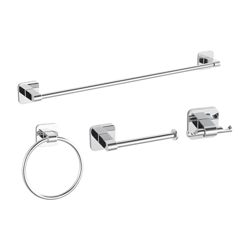 Bathroom Accessories Set, 4 Pieces Bathroom Hardware Set, 24 inch Towel Bar, Towel Racks, Robe Towel Hooks, Toilet Paper Holder Wall Mounted Or Self-Adhesive,Stainless Steel and Plastic (Chrome) - color: Chrome