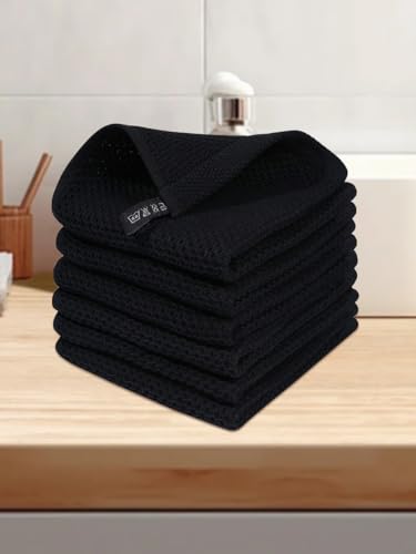 100% Cotton Waffle Weave Kitchen Dish Cloths, 6 Pack Ultra Soft Absorbent, Quick Drying Dish Towels, 12x12 Inches, Dish Rags for Drying Dishes & Daily Kitchen Use, Black - color: Black