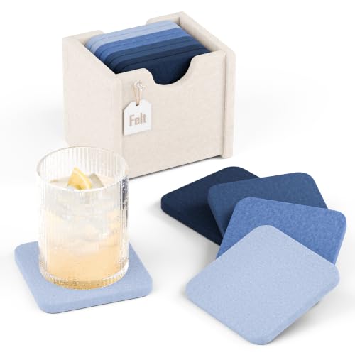 Fluxynara Felt Coasters with Holder, Set of 8 for Drinks, Denim Mist | Square Felt Coasters, Absorbent, Heat-Resistant & Reusable for Drinks, Ideal for Coffee Tables and Living Rooms, 3.94 Inch - color: Denim Mist, size: Square - 8 Count