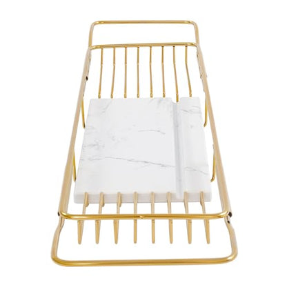 Expandable Bathtub Tray Caddy for Luxury Bath, Extra Wide Acrylic Tub Tray with Natural Marble Board, Waterproof Bath Tub Shelf for Phone, Wine, Book, Tablet Stand - Ideal Home Spa (Gold, White) - color: Gold, White