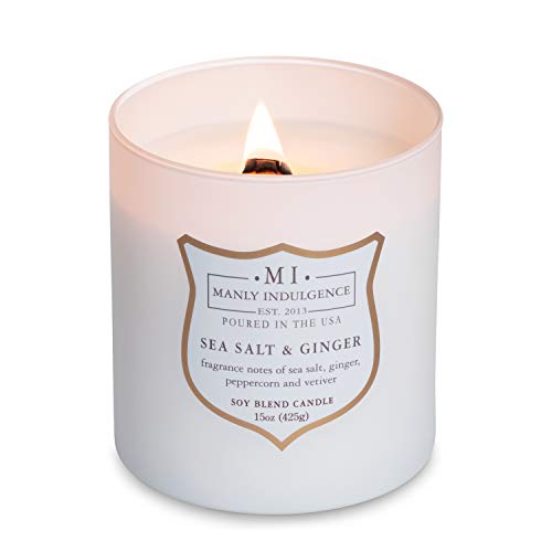Manly Indulgence Sea Salt & Ginger Scented Candles for Men, 15 oz Wooden Wick, Premium Soy Blend Wax, 60H Burn, Candles for Home Scented - Made in The USA - color: Sea Salt & Ginger