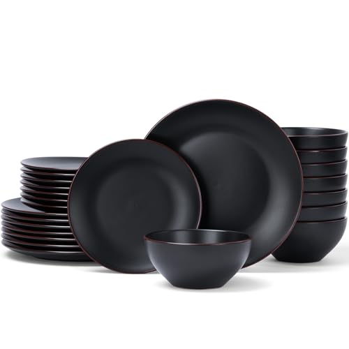 Famiware Venus Plates and Bowls Sets with Rim, Stoneware Dinnerware for 8 | Matte Black, 24pc Ceramic Speckled Dishes, Chip Resistant, Microwave & Dishwasher Safe, Everyday Dining, Modern Minimalist - color: Black, size: Serves 8 (24pc)