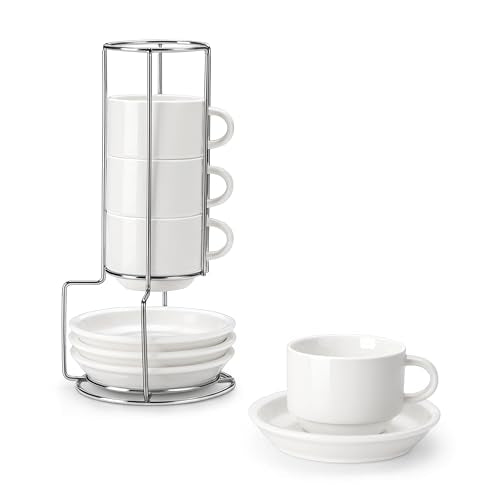 MALACASA 4 OZ Porcelain Espresso Cups with Saucers and Metal Stand Set of 4, Stackable Cappuccino Cups, White Expresso Shots Cup Set for Coffee Drinks, Latte, Tea - color: White, size: 4 Oz