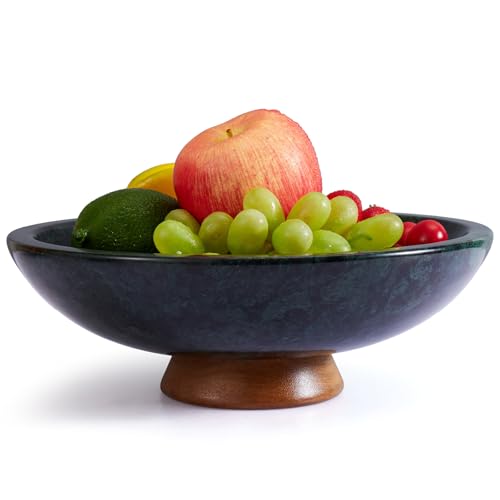 SAMAH Green Marble Fruit Bowl with Acacia Wood Pedestal, Large Decorative Marble Bowl, Natural Stone Fruit Bowl for Kitchen Counter, Entryway, Keys, Dining Table, House Warming Gifts New Home(11Inch) - color: Green