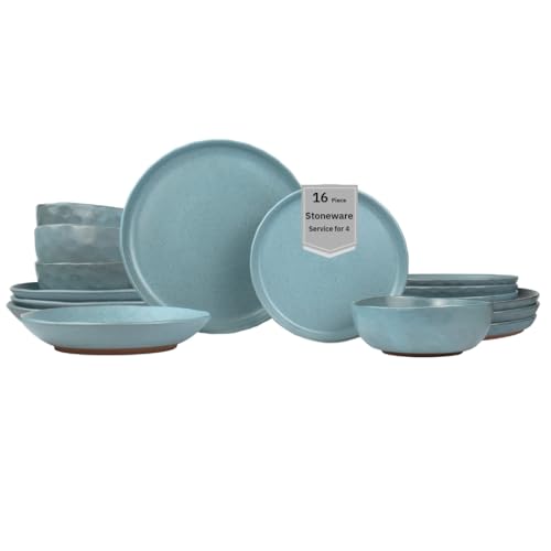 Sango 16-Piece Stoneware Dinnerware Set for 4, Semi-Matte Teal Plates and Bowls Sets with Rustic Speckled Glaze, Ceramic Dish Set, Elegant Boho Farmhouse Dishes, Microwave & Dishwasher Safe, Kaya Blue - color: Blue