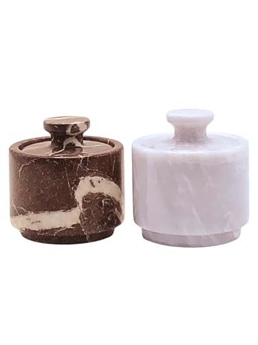 Marble Salt Cellar with Lid 2 Pack - Stone Salt Container for Countertop, Salt Box Keeper for Kitchen Counter, 3.5 oz OceanicX Marble Cellar Set (White Red) - color: White Red Zebra