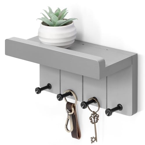 Rebee Vision Key Holder Wall Mount with Shelf for Home Decor, Light Gray | Key and Mail Holder for Wall, Floating Shelf, 4 Hooks, Aesthetic Room Decor, Apartment Essentials, Compact Home Storage - color: C - Gray, size: Small - 8 inch