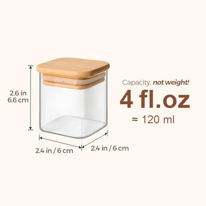 ComSaf Glass Spice Jars with Labels 4 oz 6 Pack Small Square Bamboo Lids | Empty Containers, Seasoning Herbs Powders, Salt Pepper Chili, Kitchen Cabinet Storage Starter Set, Dry Goods