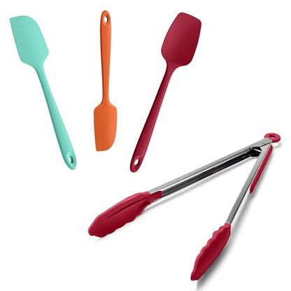 Doosu 600°F Heat Resistant Kitchen Food Tong for Cooking with Non-Scratch Silicone Tips (12in, Red) & 3-Piece Silicone Spatula Set Kitchen Food-Grade Baking Supplies Cooking Tool (Aqua+Orange+Red)