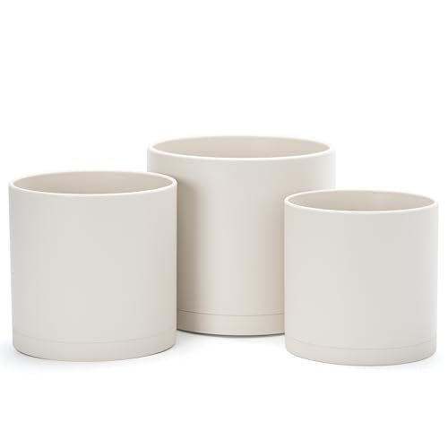 D'vine Dev 3-Pack Plastic Pots & Saucers, 6/6.5/8 in, Oatmeal, 74-V-H-3 | Multi-Size Options, Lightweight Durable, Matte Finish, Cylinder Shape, Drainage Holes, Sleek Design, Detachable Saucer - color: Oatmeal, size: Medium