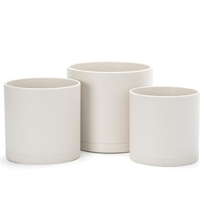 D'vine Dev 3-Pack Plastic Pots & Saucers, 6/6.5/8 in, Oatmeal, 74-V-H-3 | Multi-Size Options, Lightweight Durable, Matte Finish, Cylinder Shape, Drainage Holes, Sleek Design, Detachable Saucer - color: Oatmeal, size: Medium