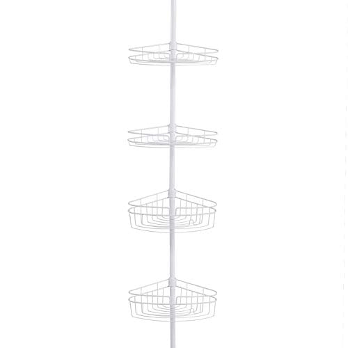 Kenney KN61523 Adjustable Height (5-9 Feet) Spring Tension Rust-Resistant Metal Corner Pole Shower Caddy with 4 Adjustable Basket Shelves, Towel Bars, and Razor Holders for Bathroom Shower, White - color: White