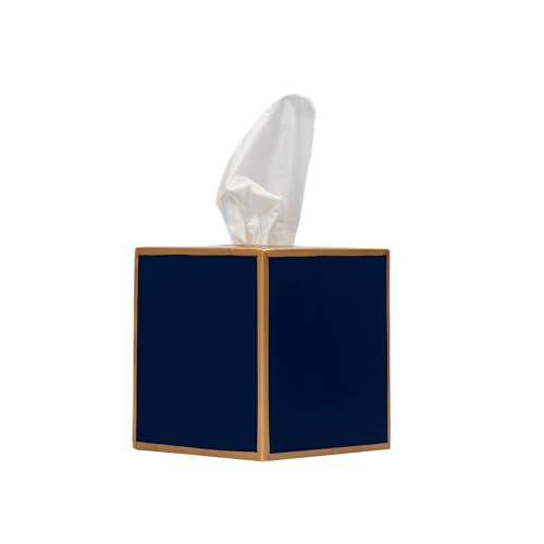 Jaye's Studio Tissue Box Cover Square, Indigo Blue Metal Gold Cube Holder | Matte Hand-Painted Finish, Fits Standard Facial Boxes, Polished Trim, Open Bottom, Study Library Use - color: Indigo Blue