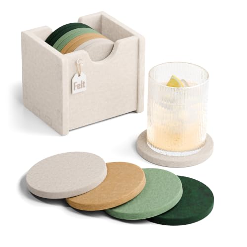 Fluxynara Felt Coasters with Holder, Set of 8 for Drinks, Moss Glimmer | Round Felt Coasters, Absorbent, Heat-Resistant & Reusable for Drinks, Ideal for Coffee Tables and Living Rooms, 3.94 Inch - color: Moss Glimmer, size: Round - 8 Count