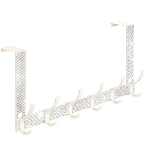 White Bling Over The Door Hooks,Rhinestone Door Clothes Hanger,Over The Door Towel Rack for Bathroom, Bedroom，Kitchen，Hanging Towels, Coats,Hat,Handbag（6 Hooks White）