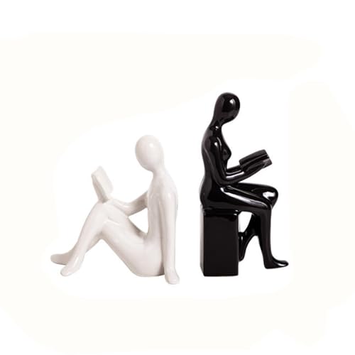 Reading Book Decorative Bookends, Ceramic Statue Book Ends, Modern Minimalist Electroplating Book Holders for Shelves, Bookshelf Bedroom Living Room Unique Bookend Decor(Black+White) - color: Black+white